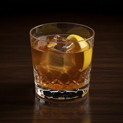  Spiced rum and ginger ale cocktail in a rocks glass with a large, perfectly clear ice cube and a lemon twist, on a polished dark wood surface 