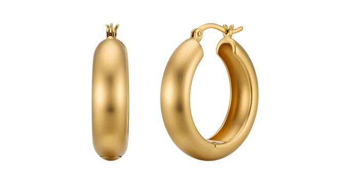 Gold hoop earrings with matte finish, isolated on white background