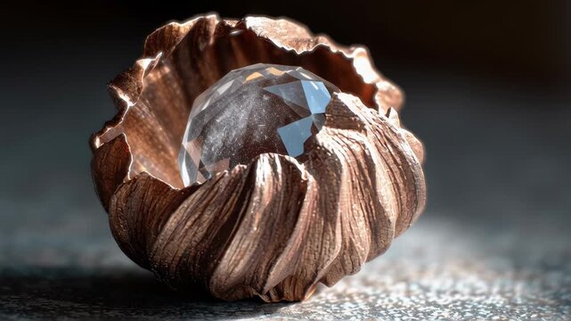 Supreme magical clear diamond crystal ball inside textured brown shell with sparkling light reflections and detailed texture