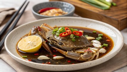 The image showcases a marinated raw crab dish, garnished with red chili peppers, scallions, garlic, lemon, and served in a flavorful soy sauce , gejang