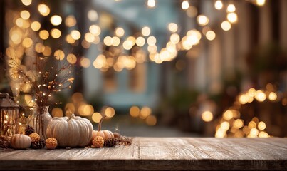 A cozy fall scene with pumpkins and lanterns on a wooden table, surrounded by warm, glowing lights in the background. Autumn festival background