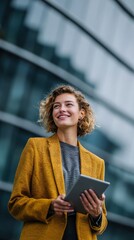 Smiling Businesswoman Looking Up with Optimism in Front of Contemporary Corporate Architecture
