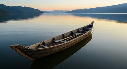 Obraz premium Traditional Wooden Boat on a Calm Mountain Lake at Sunset.