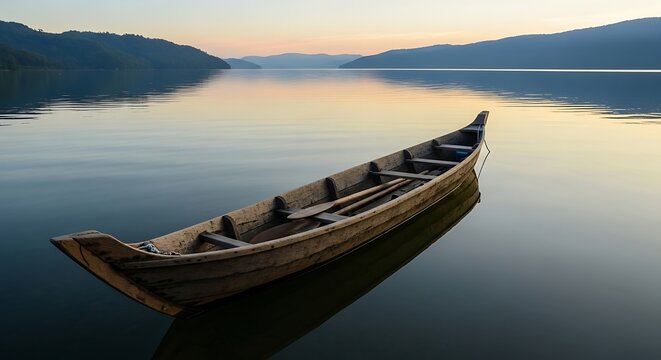 Traditional Wooden Boat on a Calm Mountain Lake at Sunset.