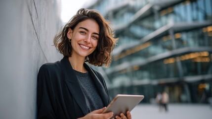 Confident Professional Woman Holding a Tablet While Standing Outside a Modern Glass Office Building