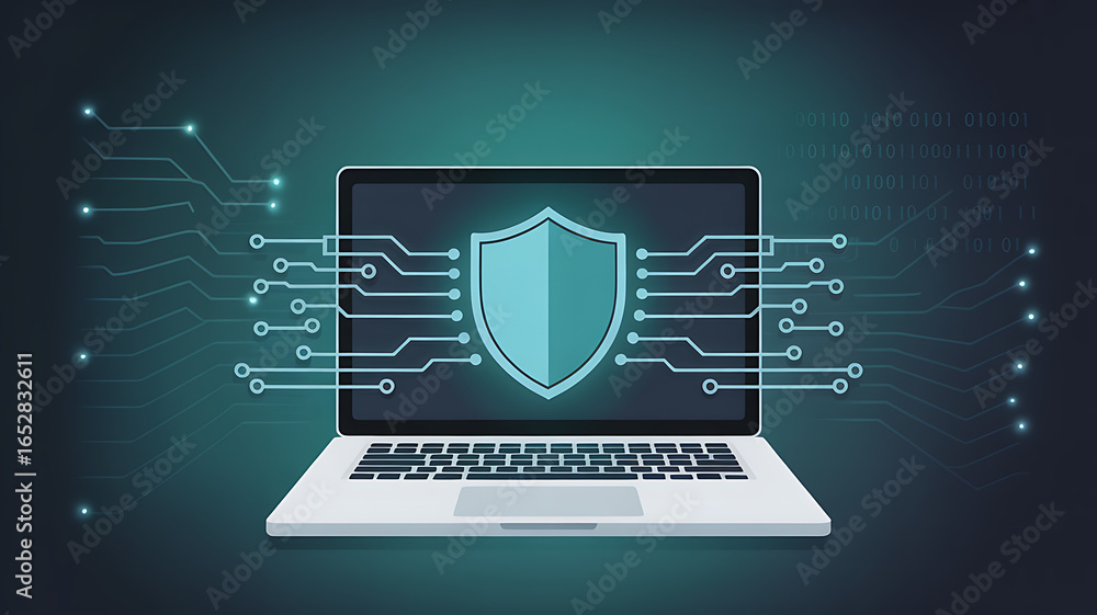 Poster digital security shield protecting a laptop computer with glowing circuit lines on a dark background