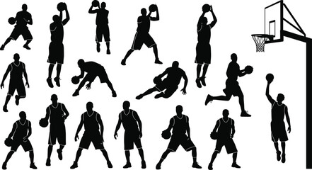 Basketball player silhouettes in diverse poses such as dribbling, shooting, dunking, and passing, perfect for sports design, branding, and coaching © Sabbir's World