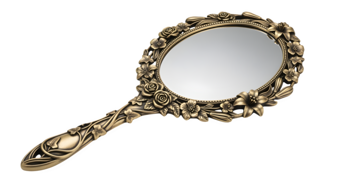 Handheld mirror with floral frame, isolated on white background