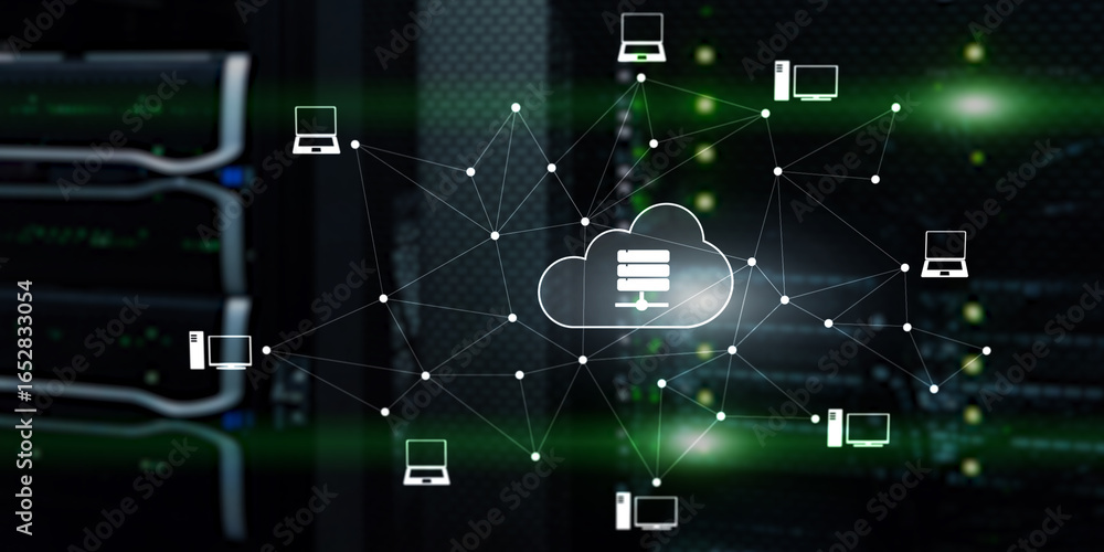 Poster cloud computing technology data storage and security on server background