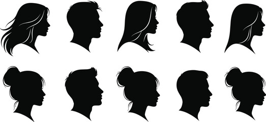 Hairstyle silhouette collection, diverse hair profiles, female and male head shapes, fashion design reference, barber template, beauty concept, hair styling inspiration, illustration set