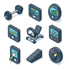 Display isometric resistance barbell elliptical level meter icon vector rowing equipment machine