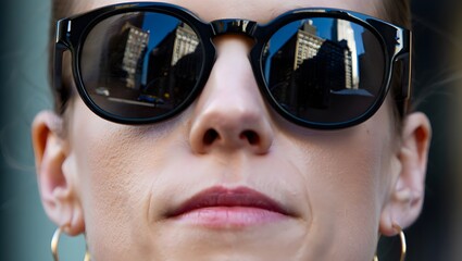 Close up of a woman wearing stylish sunglasses reflecting city buildings