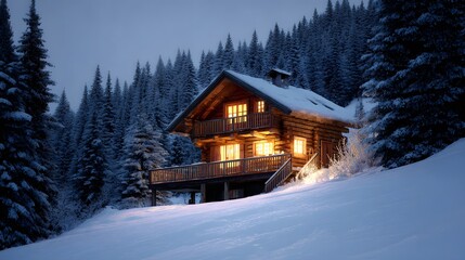 A cozy log cabin nestled among snow-covered evergreens glows warmly at twilight.