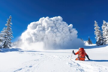 Dramatic Avalanche in a Winter Landscape with Skier