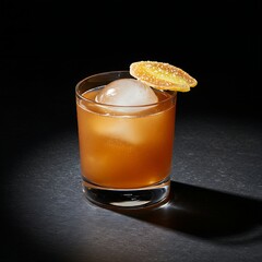 Spiced rum and ginger beer cocktail with a dramatic ice sphere, garnished with a candied ginger slice, on a dark, moody set 