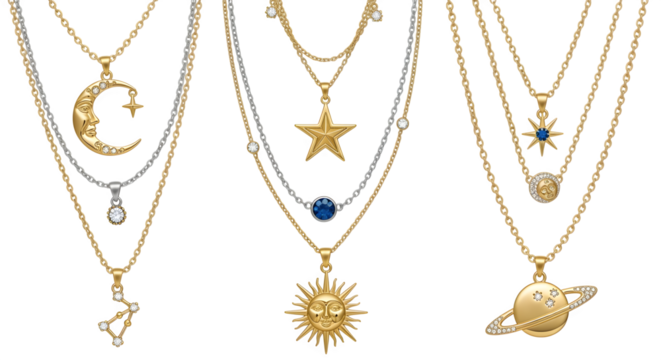 Layered necklaces with celestial pendants, isolated on white background