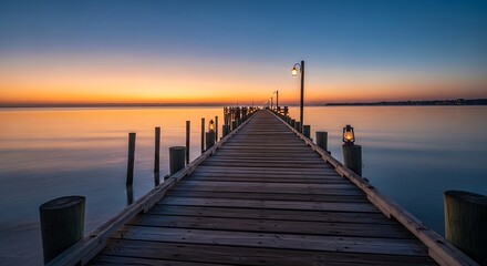 Fototapeta premium Serene Wooden Pier at Sunset Over Calm Water.