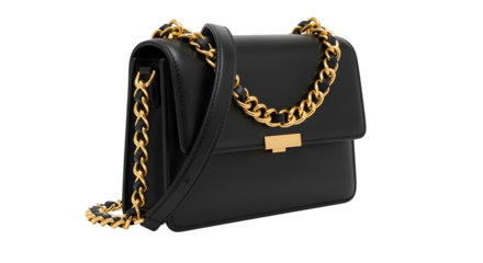 Leather crossbody bag with gold chain, isolated on white background