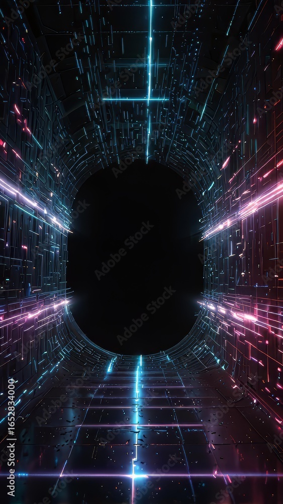 Poster abstract light tunnel made of flowing data streams for technology header