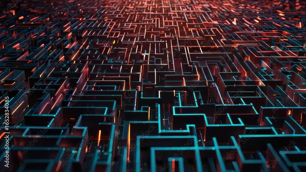 Poster abstract labyrinth of data storage with luminous core