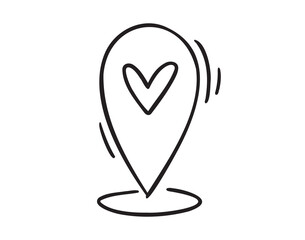 Geoposition or location pin heart. place on the map love icon doodle hand drawn. Outline line drawing clipart symbol