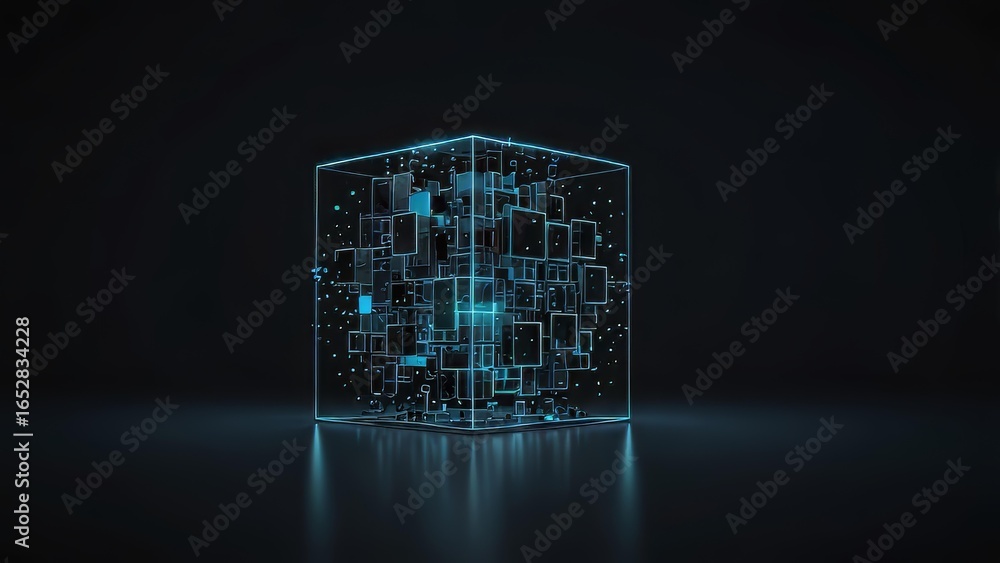 Poster abstract futuristic background with luminous data storage cube
