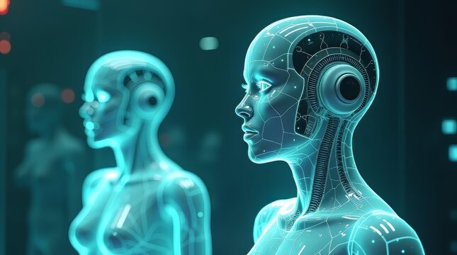 Abstract cyber background of digital twin technology with glowing human holograms