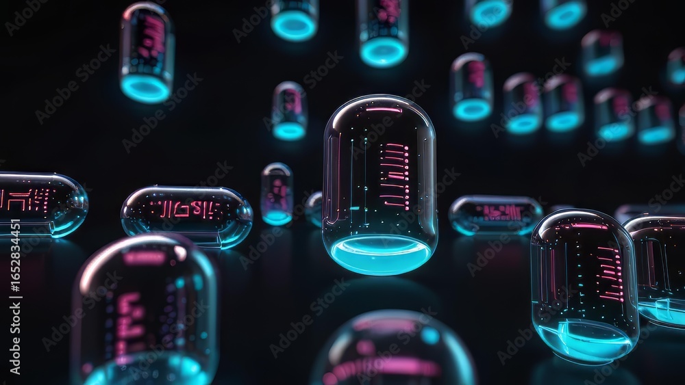 Poster secure archive visualization with transparent glowing capsules