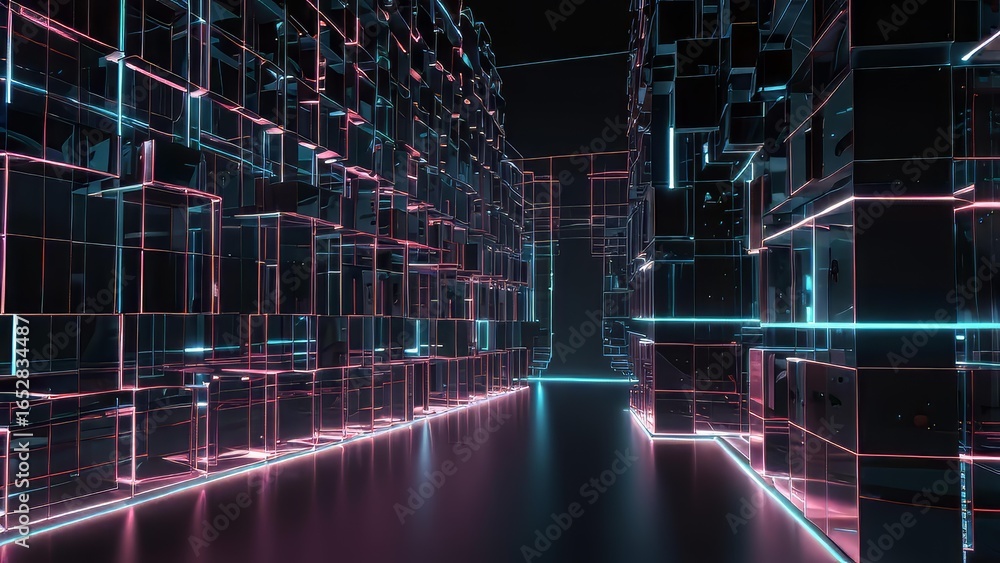 Poster quantum data grid with glowing cube structures for corporate analytics banner
