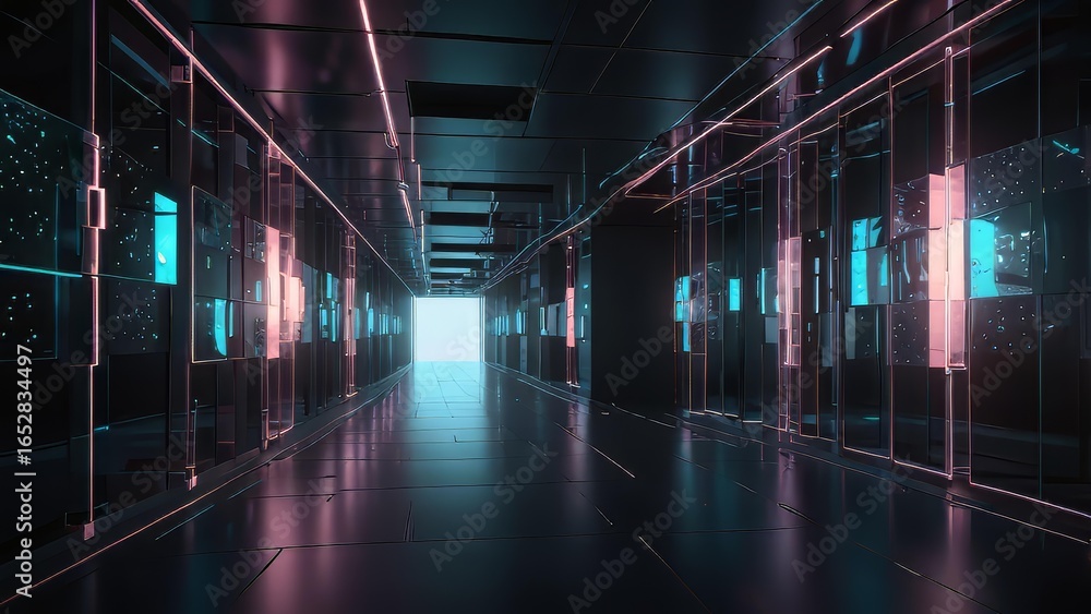 Poster quantum data corridor with glowing cubes for corporate analytics header
