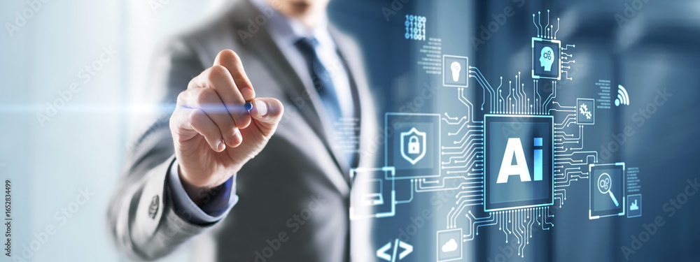 Poster artificial intelligence processor concept. ai big data array on virtual screen