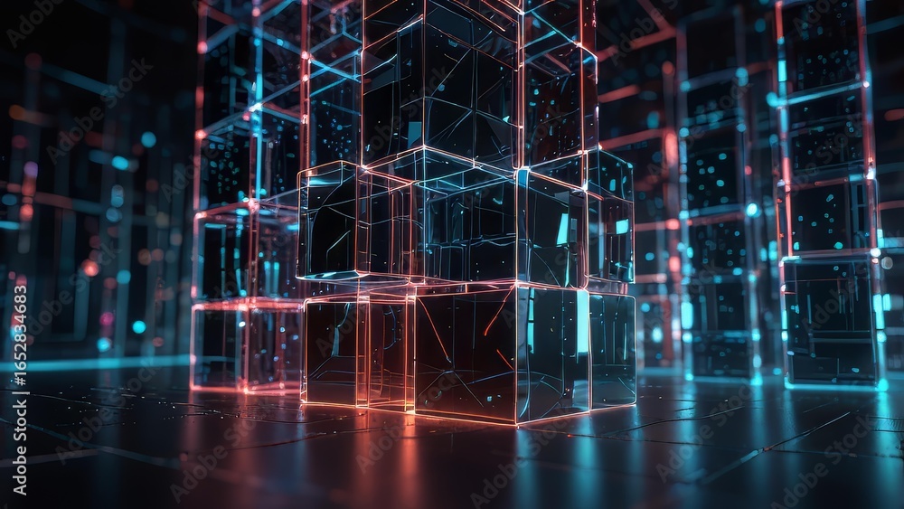 Aufkleber glowing quantum cube network for business intelligence header