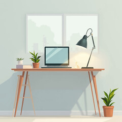 Modern minimalist home office workspace with laptop, desk lamp, and potted plants.