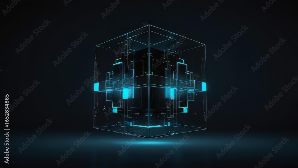 Poster futuristic vault background with glowing digital data cube