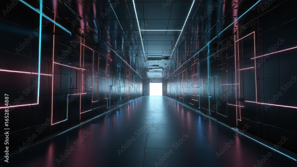 Poster futuristic tunnel of quantum cubes with dynamic light data flow