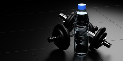 Fitness gym dumbbells with water bottle on gym mat floor background, healthy lifestyle, hydration or fitness concept, copy space