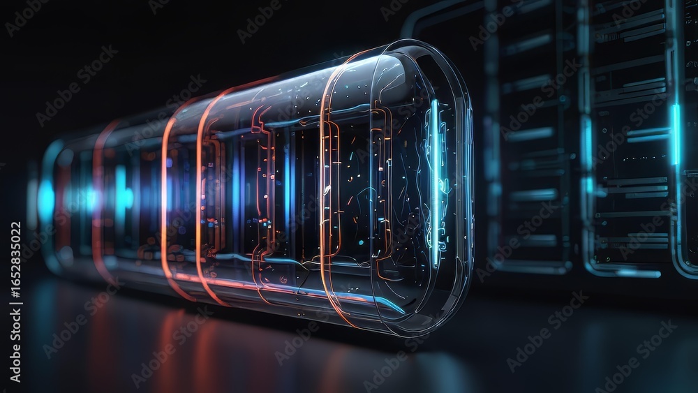 Poster futuristic data storage sphere with glowing information inside