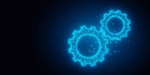 Blue glowing low-poly wireframe gears or cogwheels on black background with copy space, technolgy, engineering or business background concept