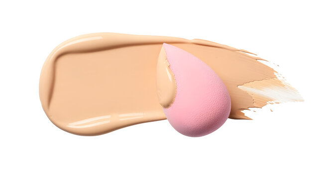 Liquid foundation smear with blending sponge, isolated on white background