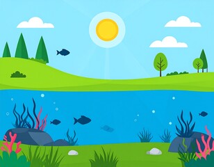 Stylized lake ecosystem illustration showcasing aquatic life and serene landscape