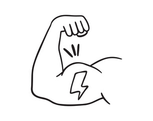 Strong muscle power concept with lightning icon doodle hand drawn. Outline line drawing clipart symbol