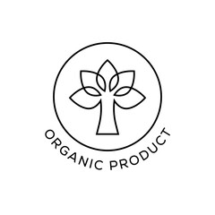 Organic Product Line Art Badge Icon with Leaf and Tree Symbol