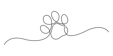 Continuous one line drawing of cat paw pad, Single line drawing of a dog paw print in minimalist vector outline style, isolated on white background. Pro vector