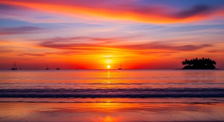 Vibrant orange and red sunset over a calm ocean with a small island silhouetted against the fiery sky