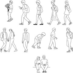 People walking, standing, and sitting in various casual poses, line art vector illustration, modern lifestyle, social interaction concept