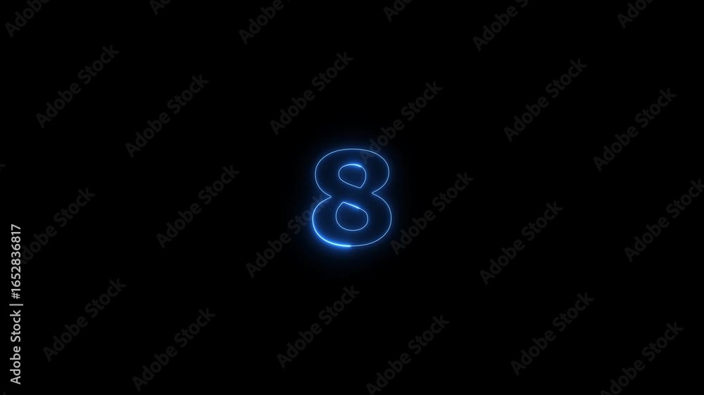 Poster glowing neon text 8 number countdown timer animation background. neon business number icon video.