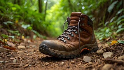 A single worn hiking boot rests on a forest trail surrounded by lush greenery
