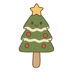 Cute kawaii Christmas tree with smiling face and ornaments