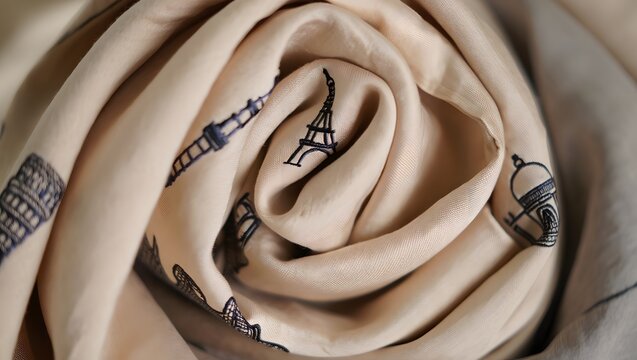 Rolled beige scarf with eiffel tower and paris landmark print