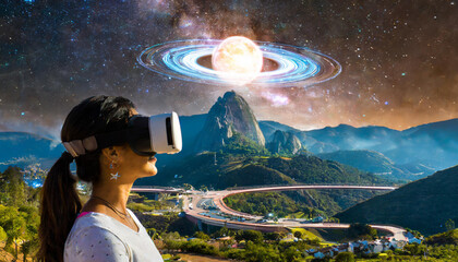 Fototapeta premium Man exploring virtual reality with stunning planets in mountain landscape